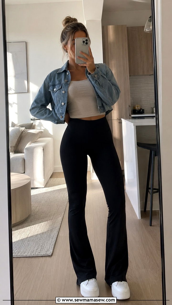 High Waisted Flared Leggings and Crop Top Outfit - 25 Yoga outfit ideas with high waisted leggings