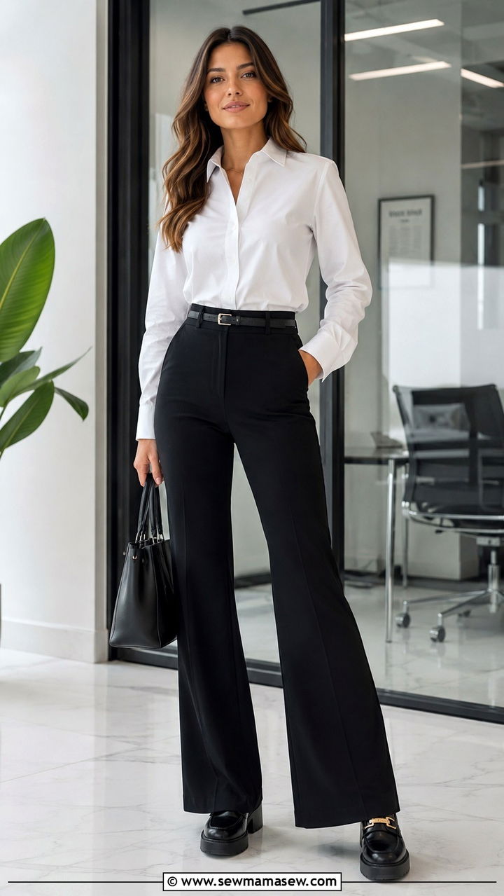 High Waisted Flared Trousers with Structured Top - 20 work outfits for women with wide hips