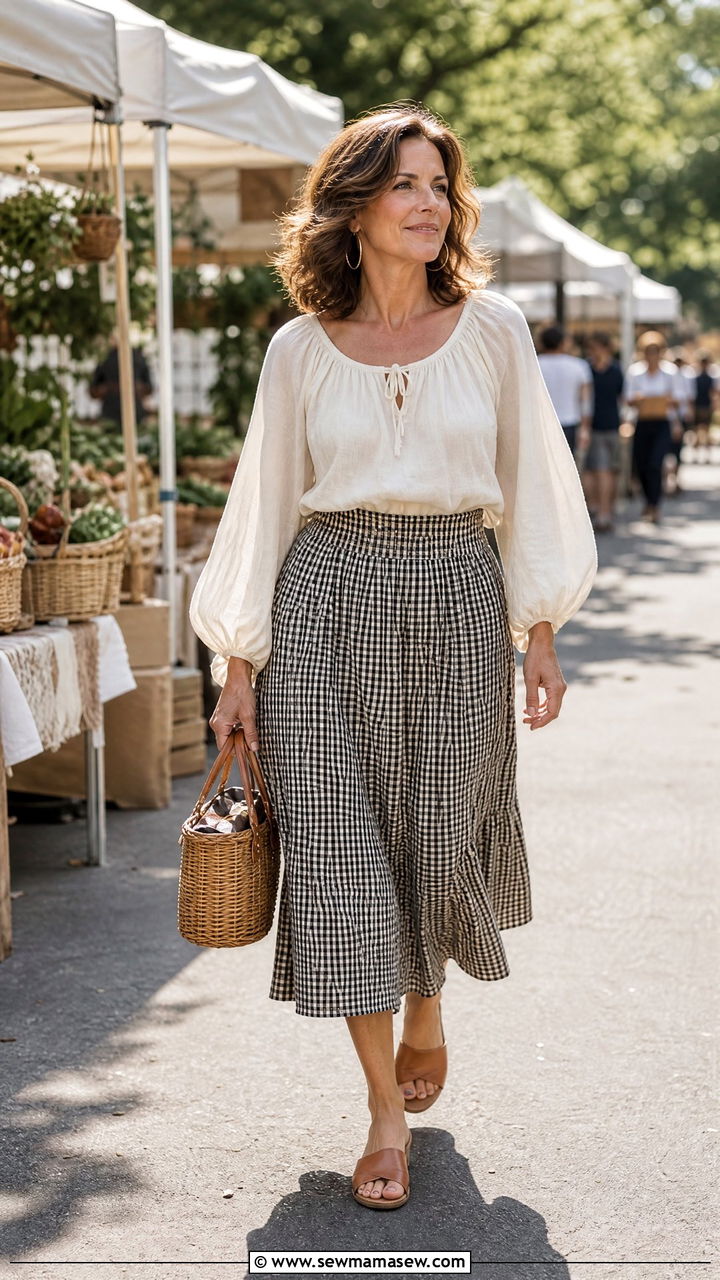 High Waisted Gingham Skirt With Peasant Blouse - 30 cottagecore outfit ideas for women over 40