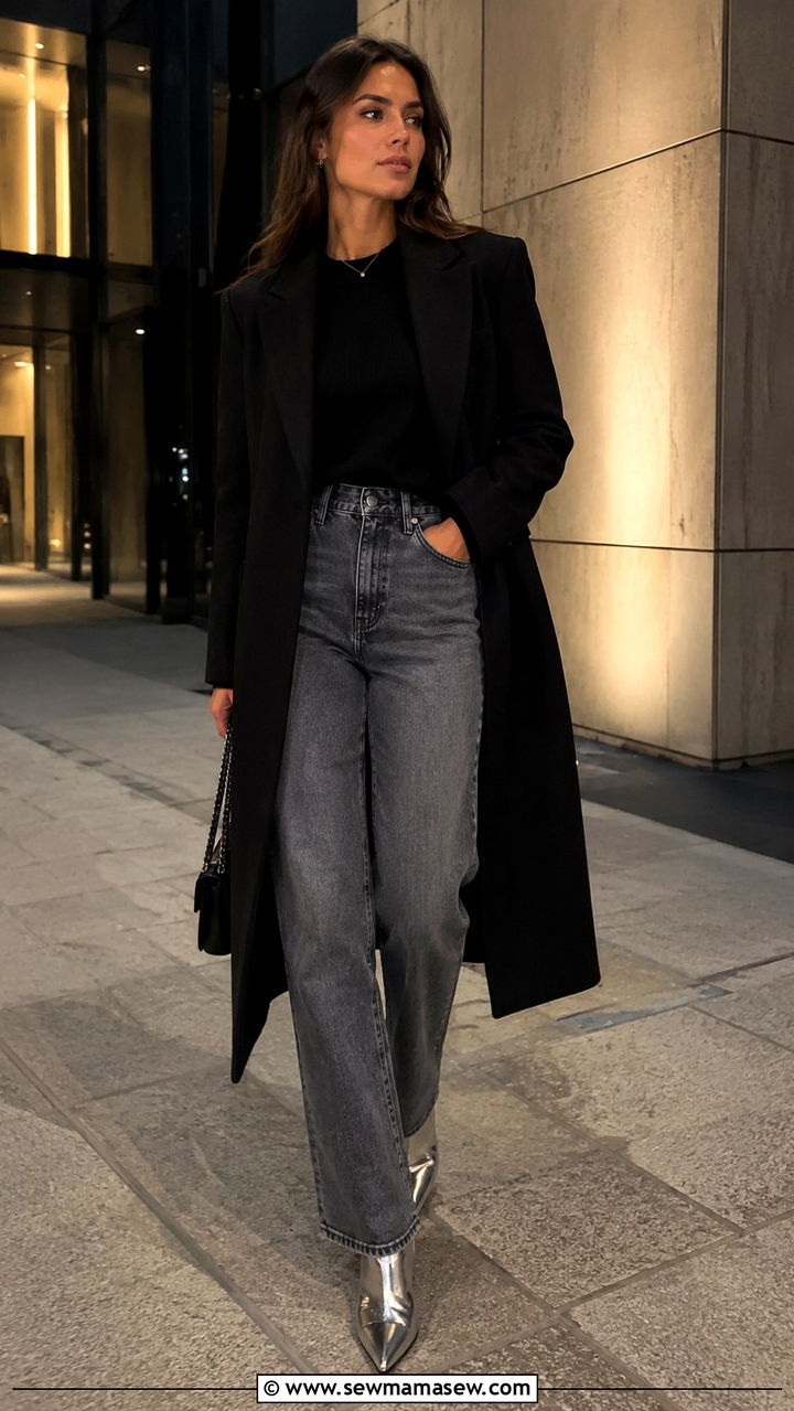 High Waisted Grey Jeans With Metallic Boots - 30 High waisted jeans outfit ideas with boots