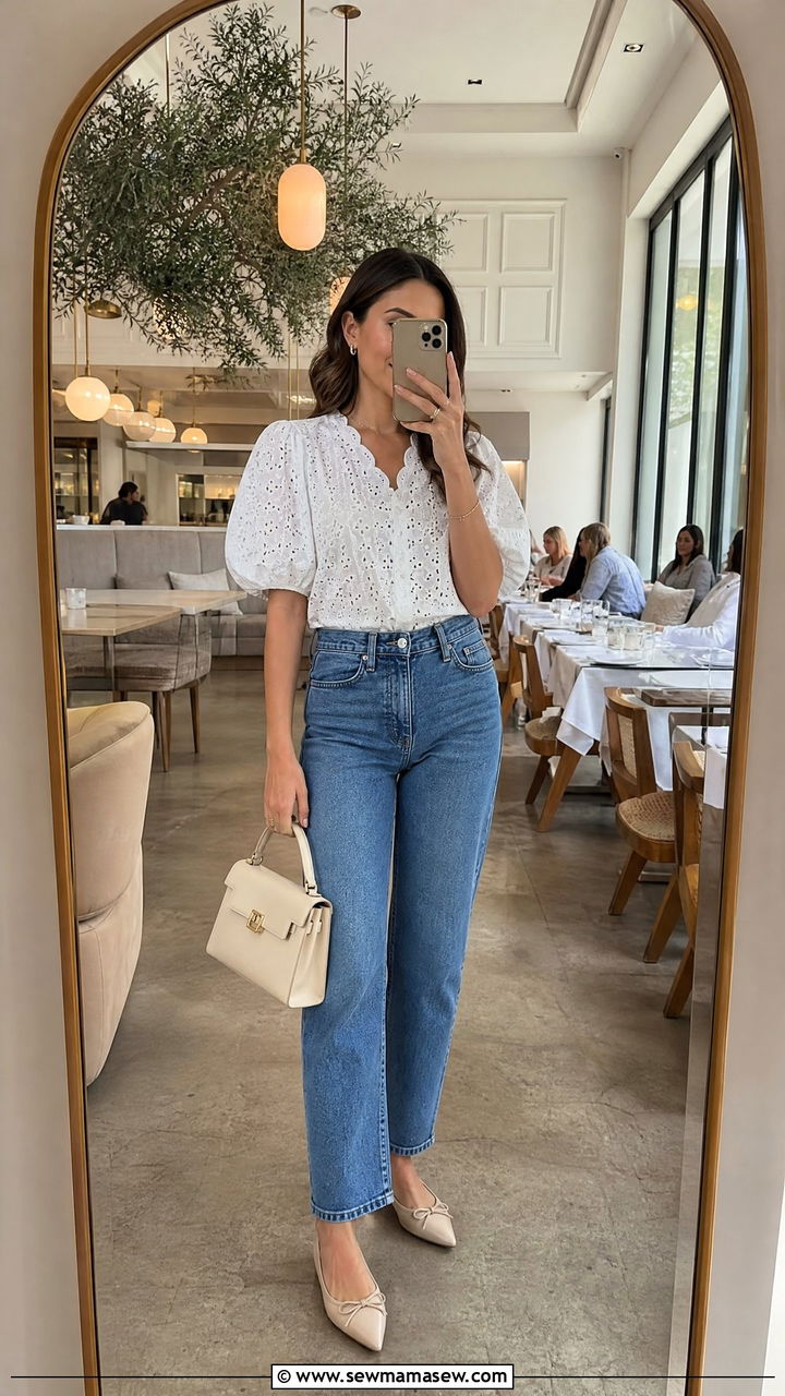High Waisted Jeans And Puff Sleeve Blouse - 30 Mother's Day brunch outfit ideas