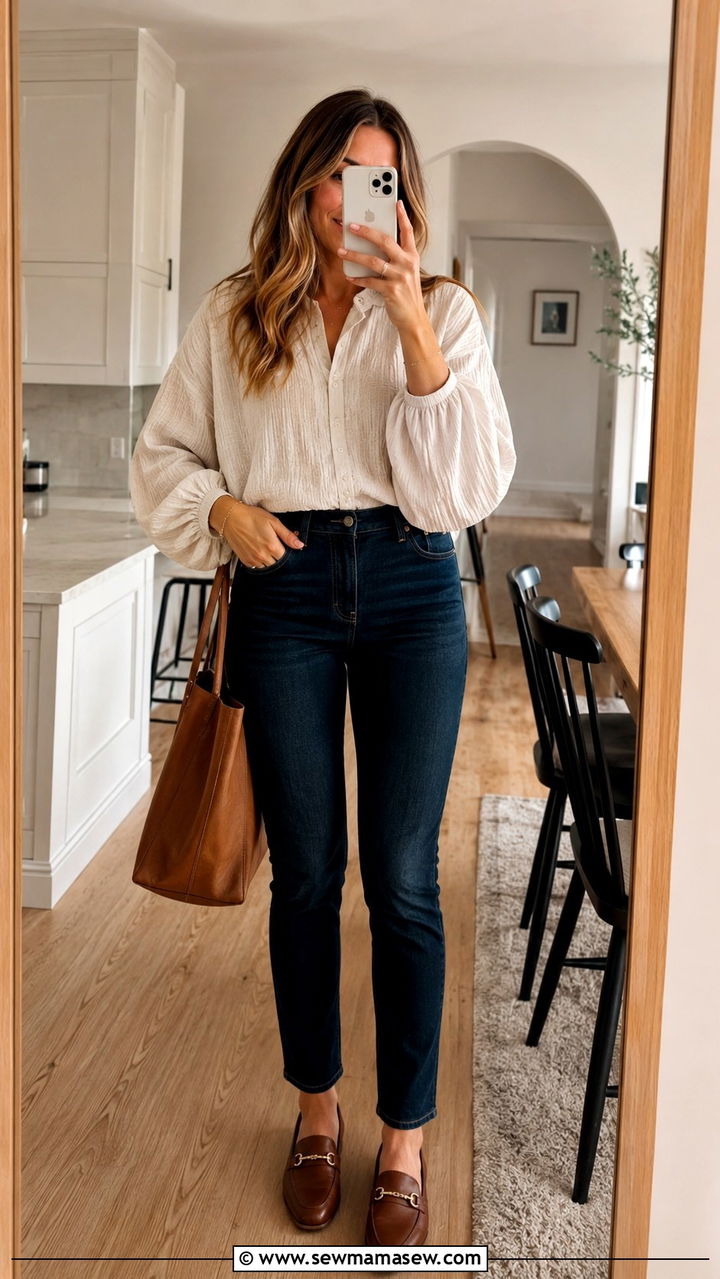 High Waisted Jeans And Relaxed Blouse With Loafers - 20 Postpartum outfit ideas week 6