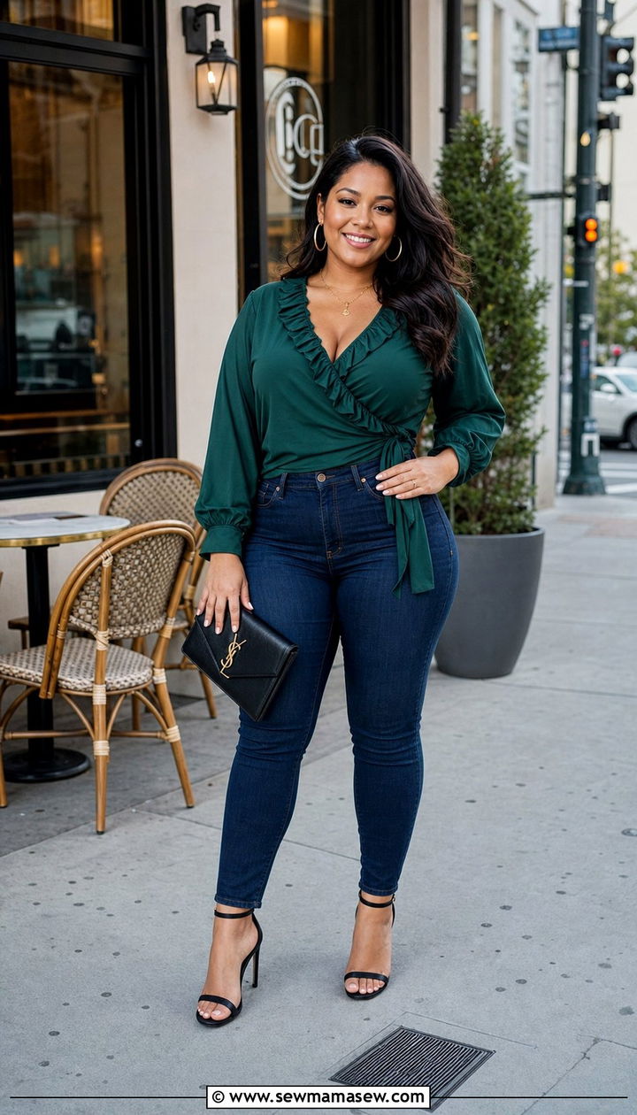 High Waisted Jeans And Ruffled Wrap Blouse - 35 Brunch outfits for curvy women