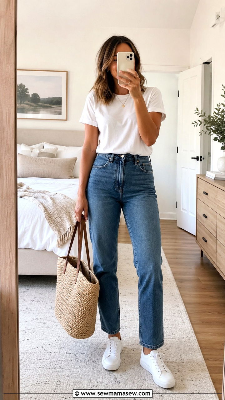 High Waisted Jeans And White Tee Outfit - 30 stay at home mom outfit ideas