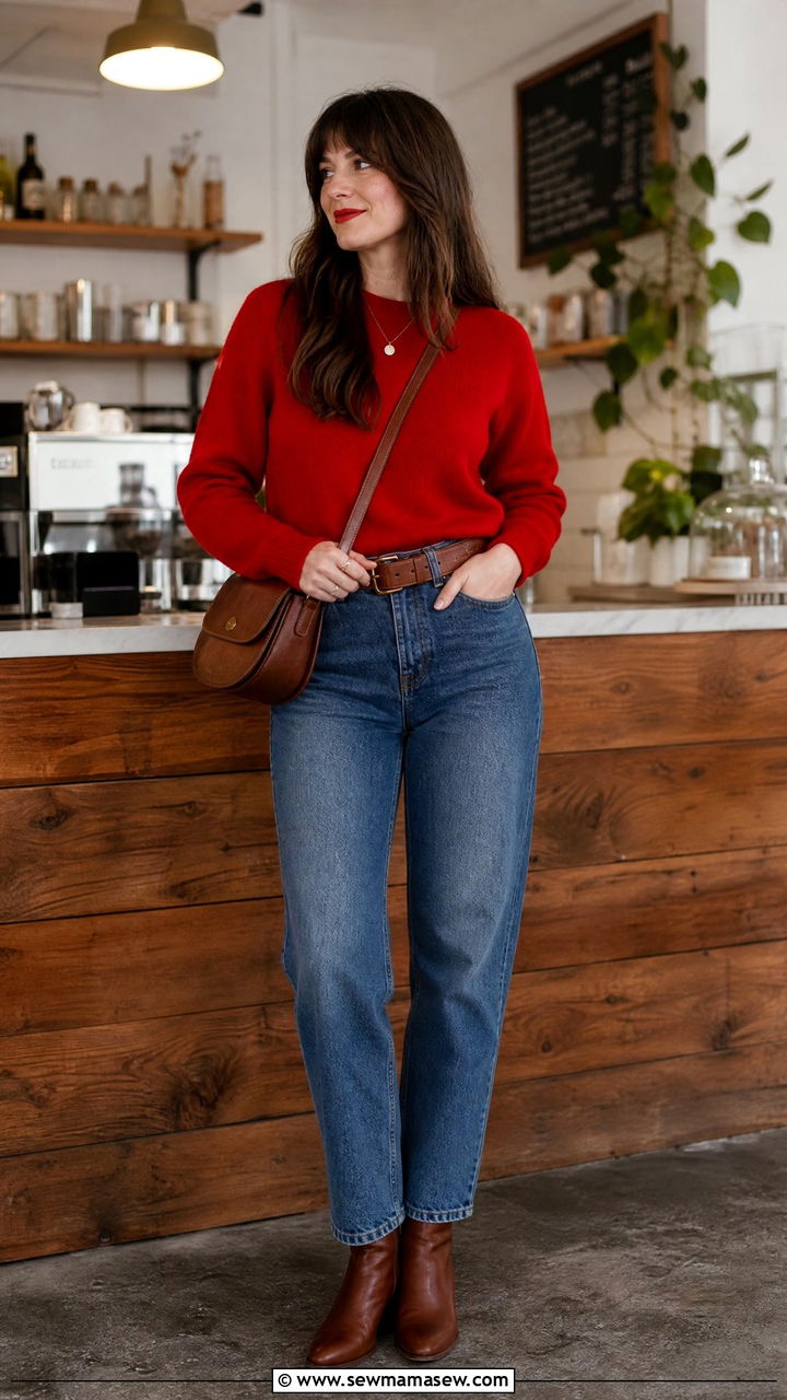 High Waisted Jeans Red Sweater French Girl Look - 25 French girl outfit ideas with red lipstick