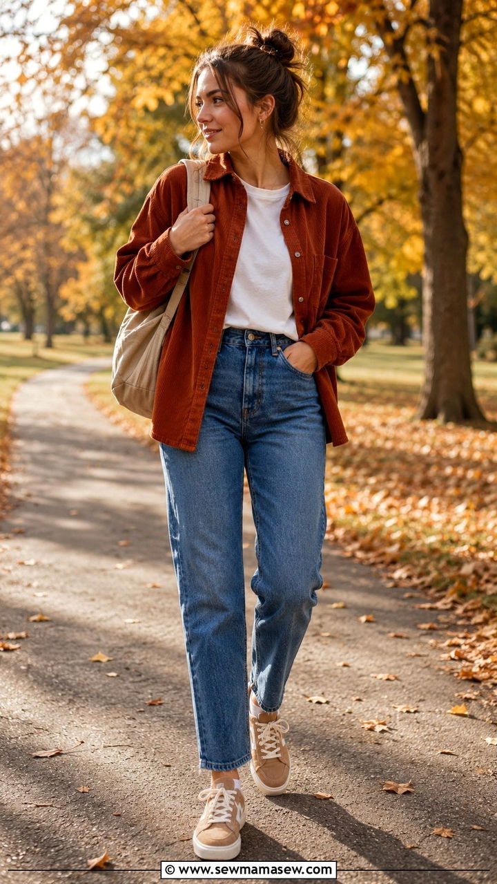 High Waisted Jeans With A Corduroy Shirt And Suede Sneakers - 30 How to style high waisted jeans