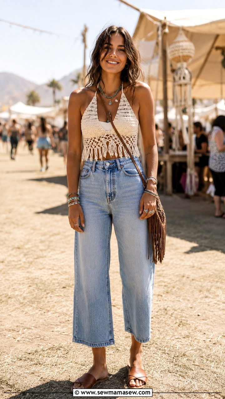 High Waisted Jeans With A Crochet Top And Slide Sandals - 30 How to style high waisted jeans
