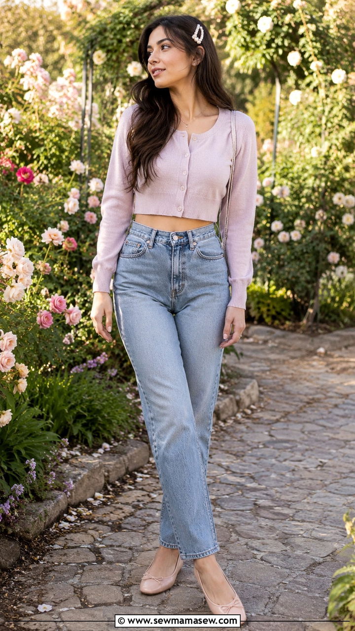 High Waisted Jeans With A Cropped Cardigan And Ballet Flats - 30 How to style high waisted jeans