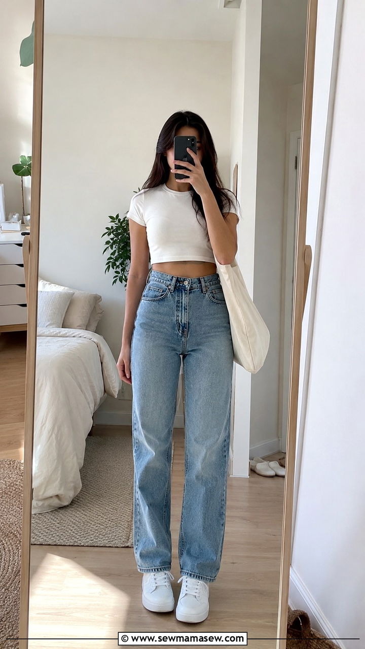 High Waisted Jeans With A Cropped Tee And White Sneakers - 30 How to style high waisted jeans
