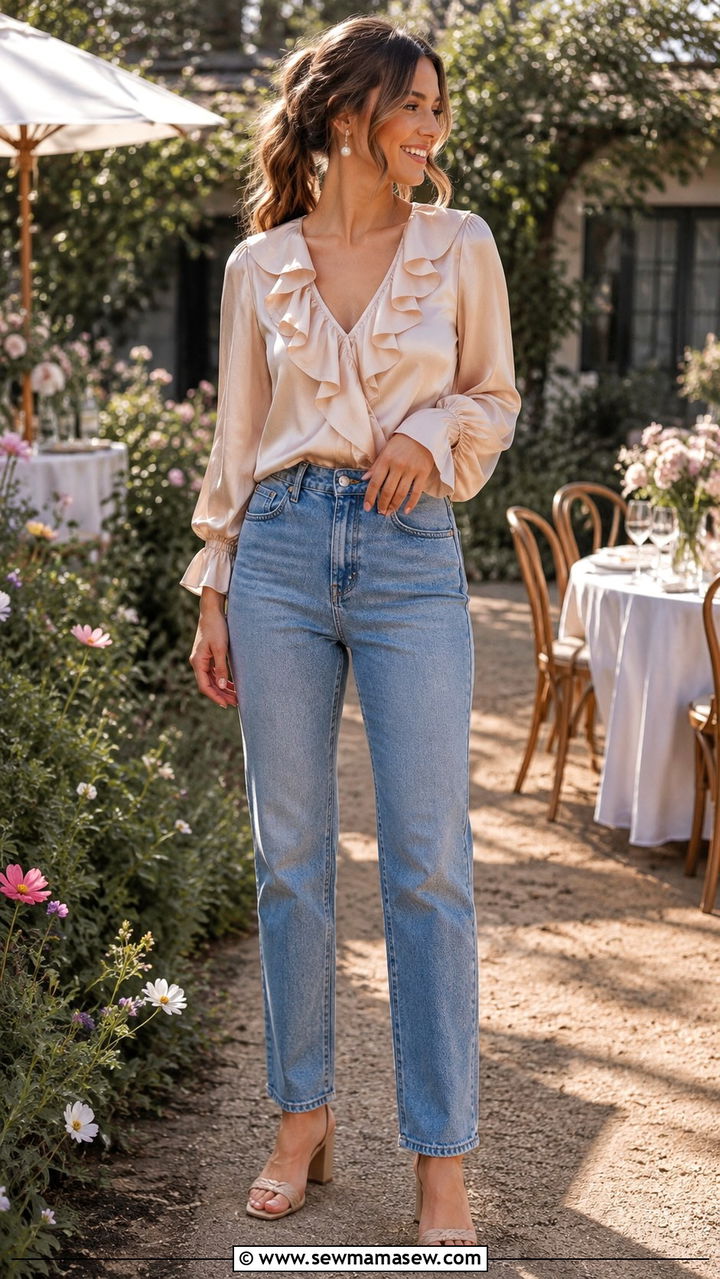 High Waisted Jeans With A Ruffle Blouse And Block Heels - 30 How to style high waisted jeans
