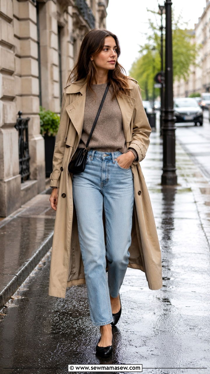 High Waisted Jeans With A Trench Coat And Ballet Flats - 30 How to style high waisted jeans