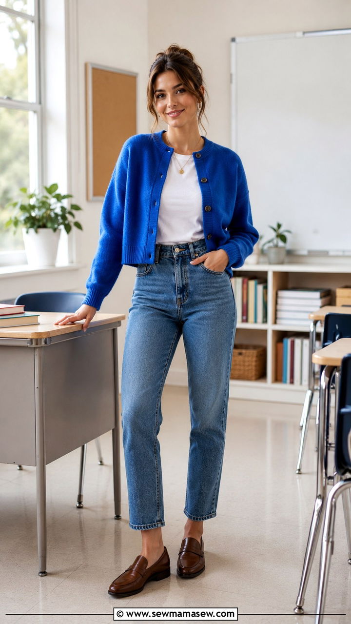 High Waisted Jeans With Boxy Cropped Cardigan And Loafers - 30 Teacher outfits with jeans