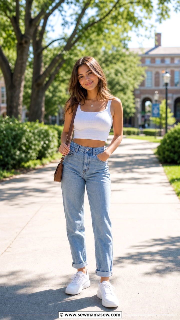 High Waisted Jeans With Crop Top and Sneakers - 25 College outfit ideas petite