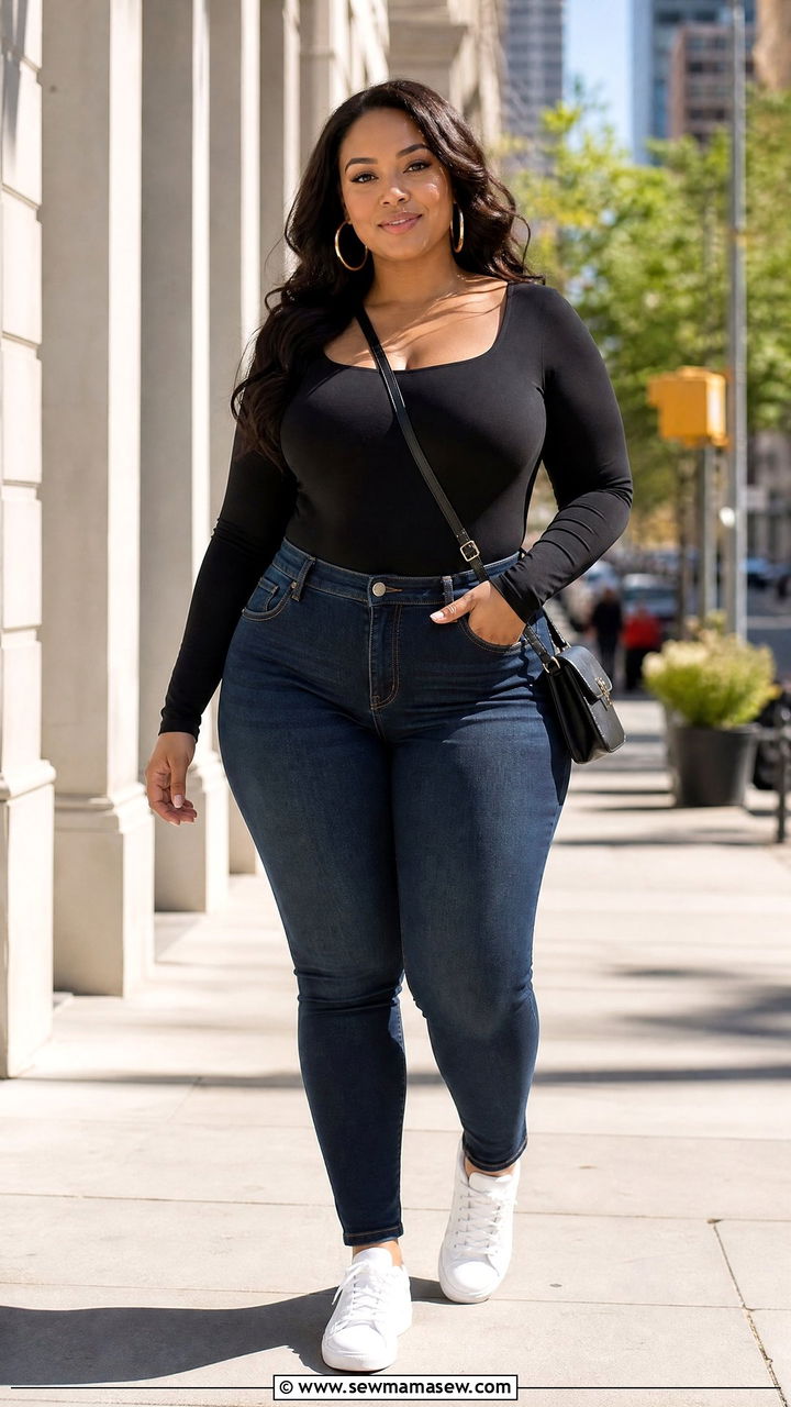High Waisted Jeans With Fitted Bodysuit Outfit - 30 Cute outfits for curvy women