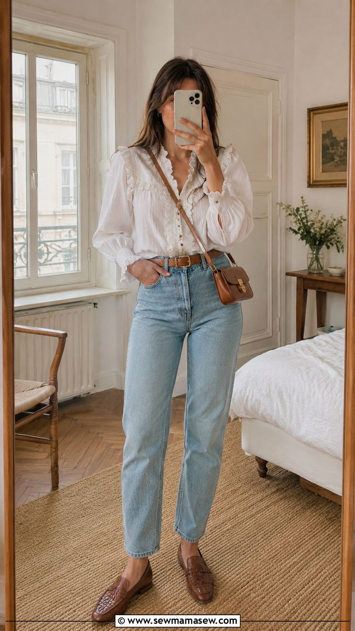 High Waisted Jeans With Ruffled White Blouse - 30 spring vintage outfit ideas