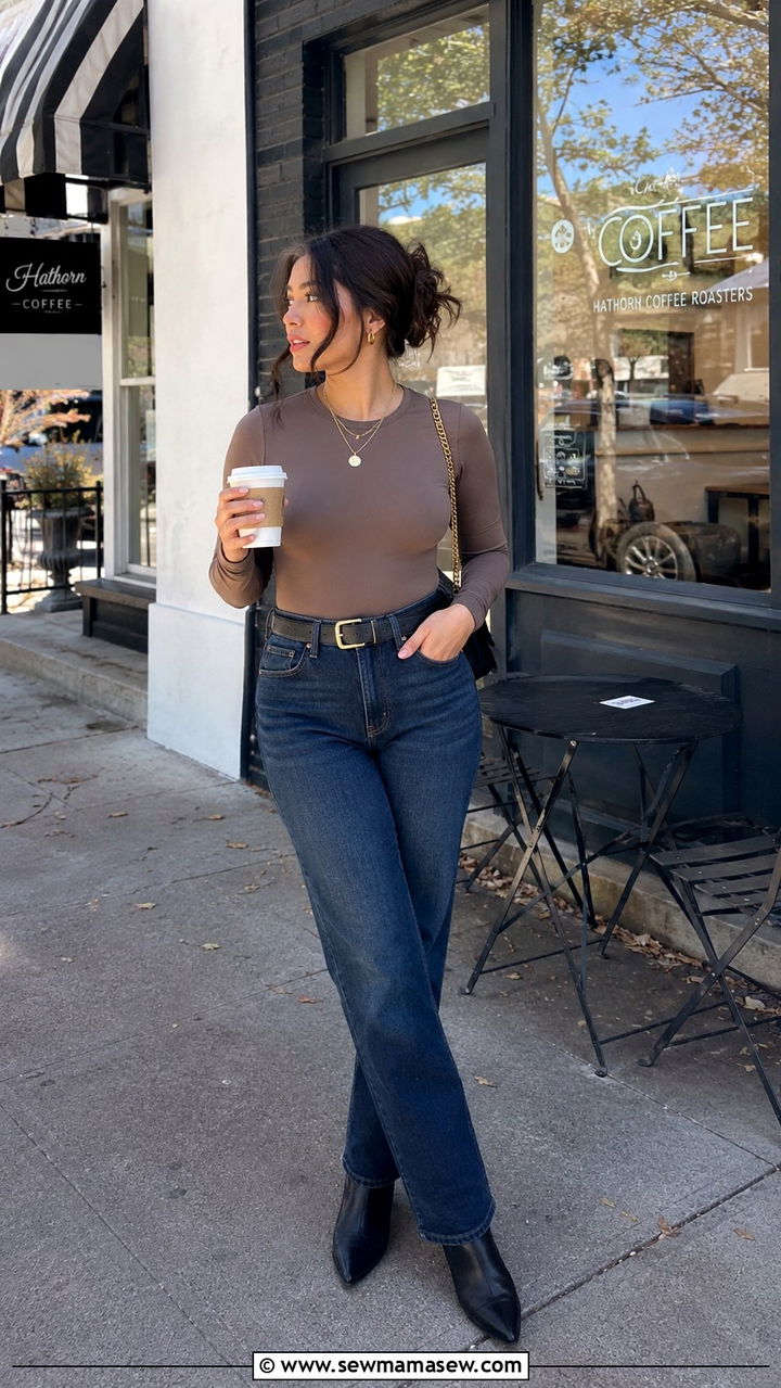 High Waisted Jeans and Bodysuit for Petite Photoshoot - 25 Photoshoot outfits for petite women