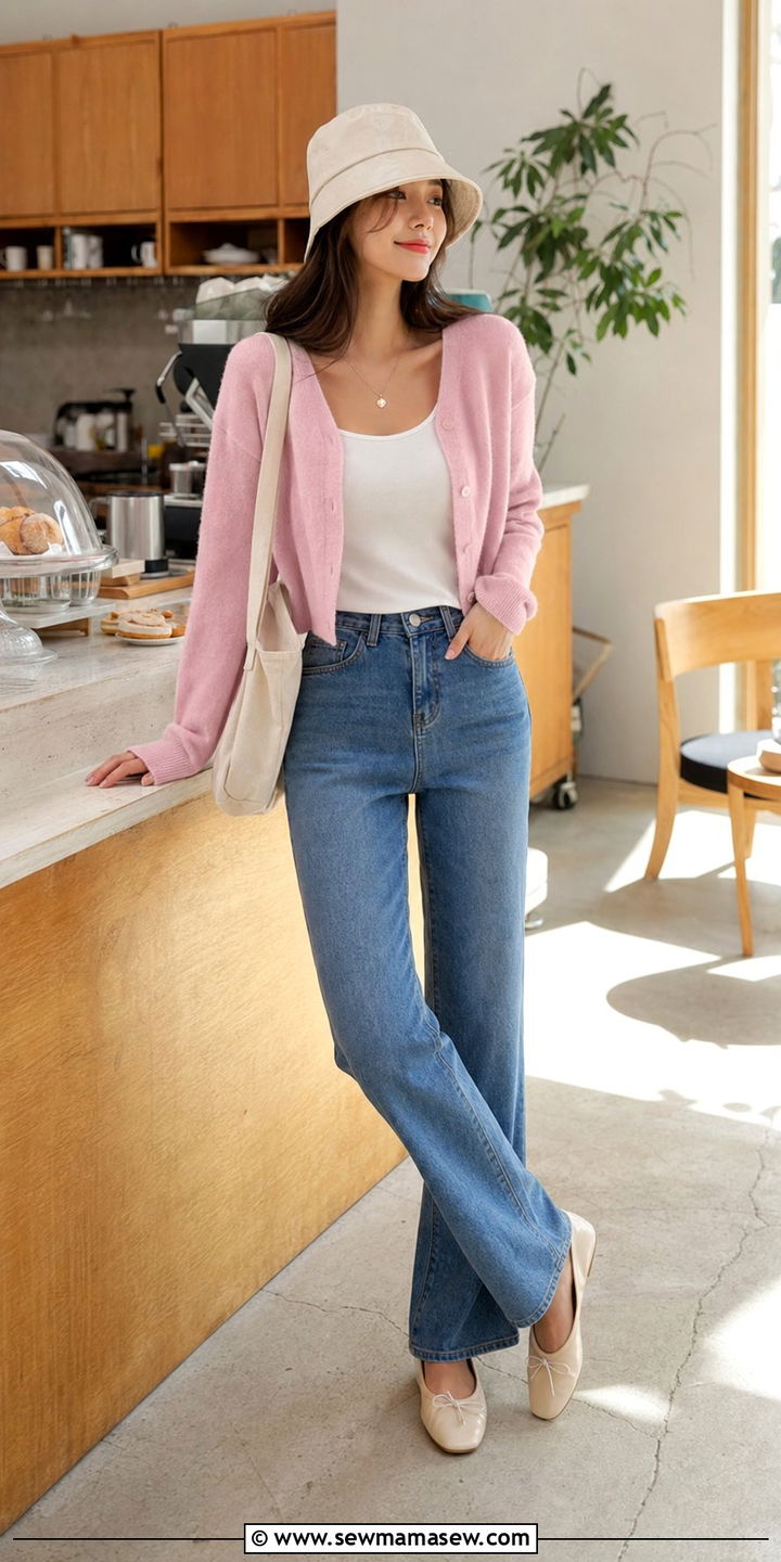 High Waisted Jeans and Cropped Cardigan - 35 Bucket hat outfit ideas