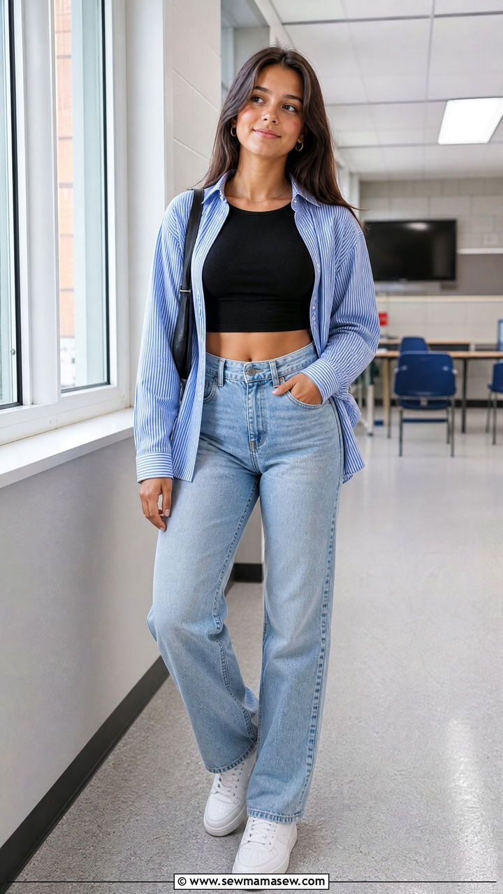 High Waisted Jeans and Cropped Tank with Overshirt - 30 Summer outfits for school