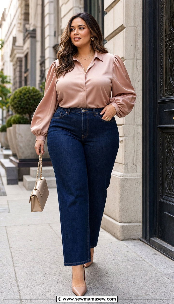 High Waisted Jeans and Dressy Top - 35 Brunch outfits for plus size