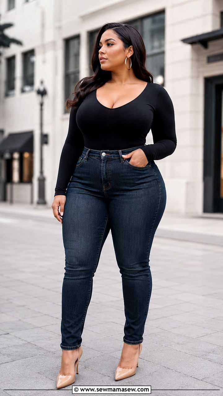 High Waisted Jeans and Fitted Bodysuit for Photoshoot - 25 Photoshoot outfits for midsize women