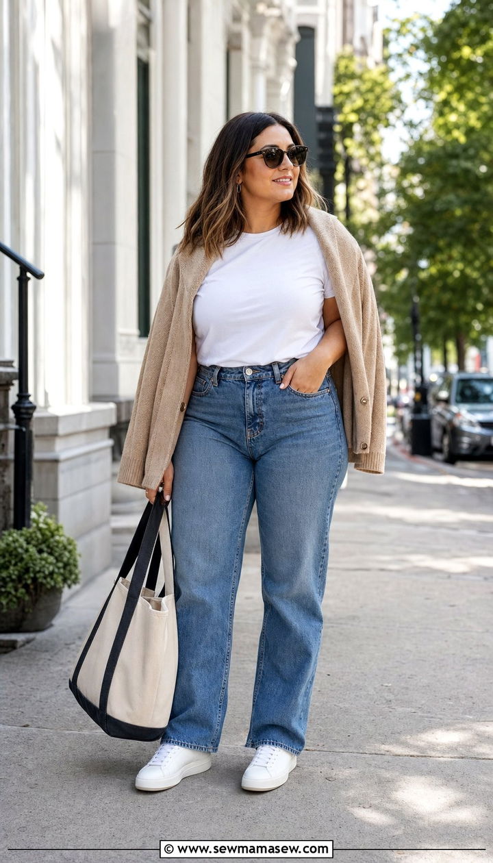 High Waisted Jeans and White Sneakers Outfit - 25 Cute outfits for midsize women