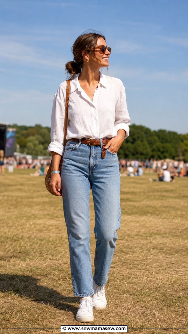 High Waisted Jeans with Button Up Shirt - 30 modest music festival outfit ideas