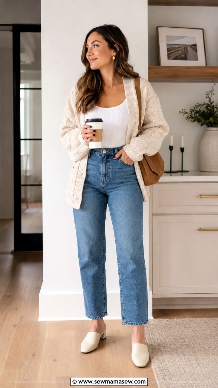 High Waisted Jeans with Cardigan and Mules - 30 High waisted jeans outfit ideas with heels