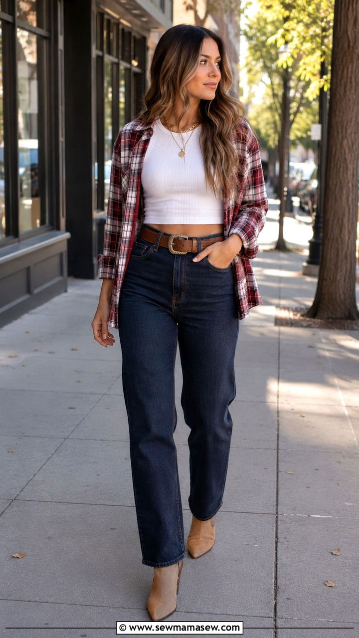 High Waisted Jeans with Crop Top and Plaid Flannel - 30 Luke Combs concert outfit ideas