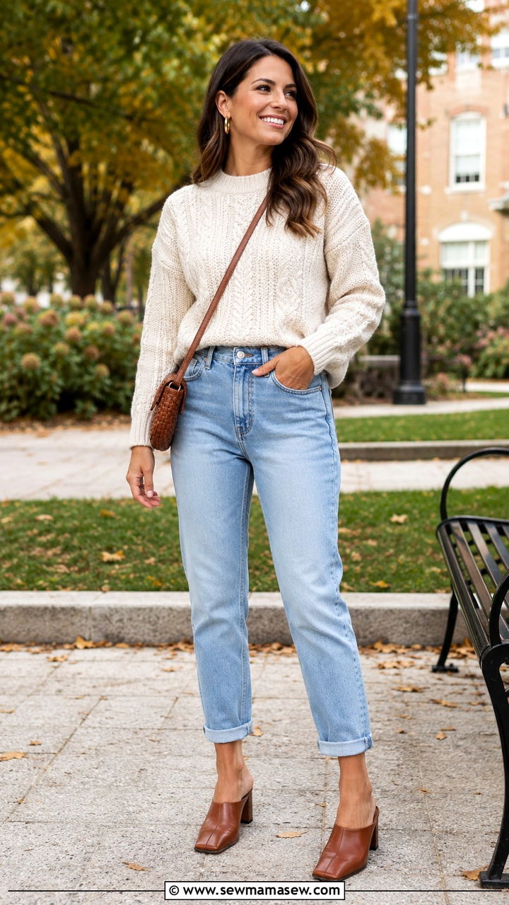 High Waisted Jeans with Knit Sweater and Heeled Mules - 30 High waisted jeans outfit ideas with heels