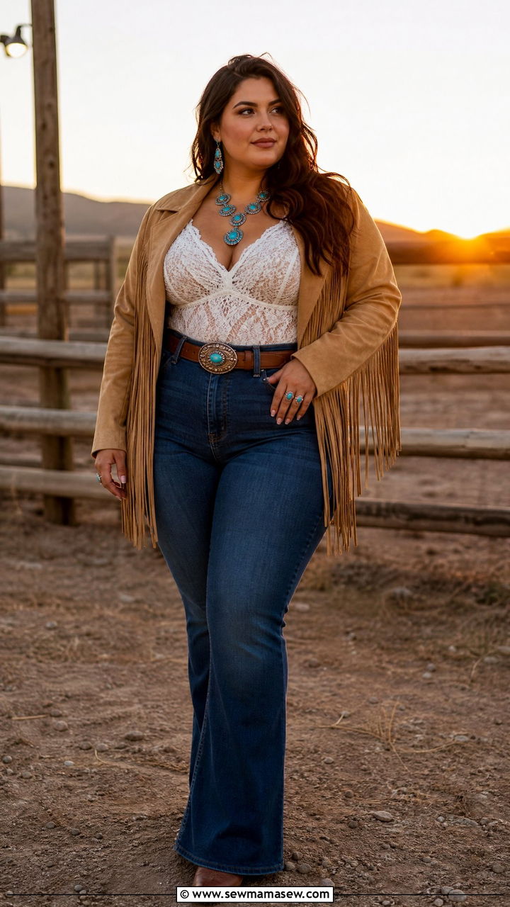 High Waisted Jeans with Lace Top and Suede Jacket - 30 Country concert outfit ideas plus size