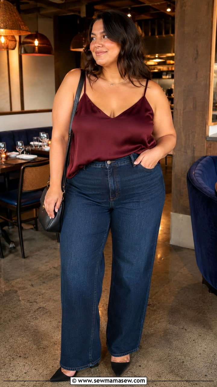 High Waisted Jeans with Satin Camisole - 30 plus size dinner outfit ideas