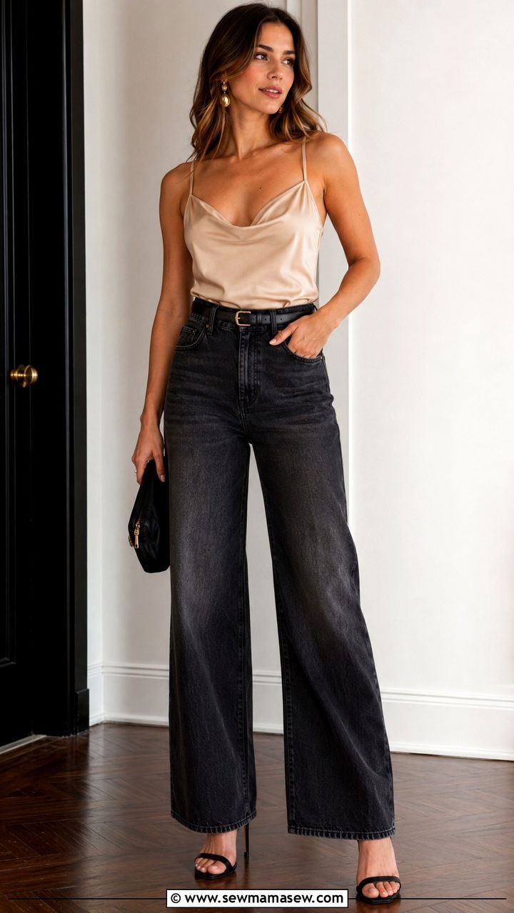 High Waisted Jeans with Silk Camisole and Heels - 30 High waisted jeans outfit ideas with heels
