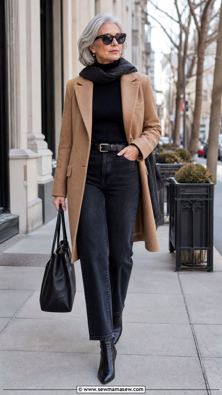 High Waisted Jeans with Structured Coat and Ankle Boots - 35 Jeans outfit ideas for women over 60