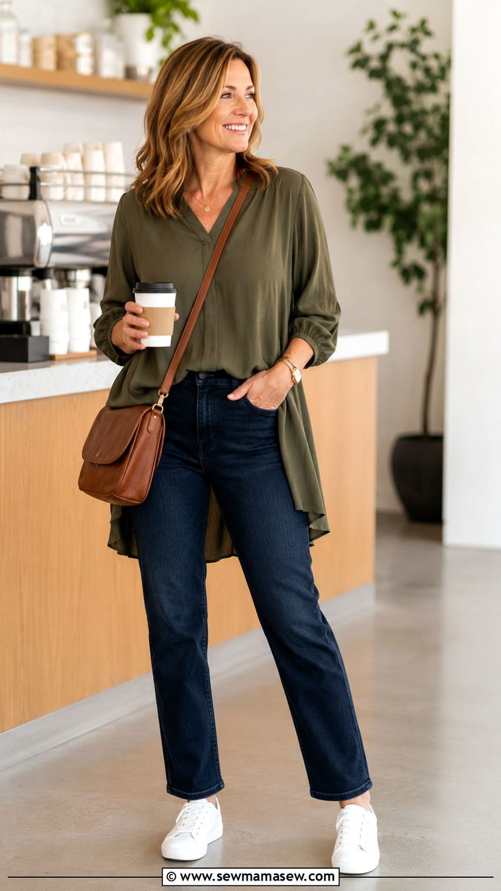 High Waisted Jeans with Tunic Top - 20 Outfit ideas for menopause belly