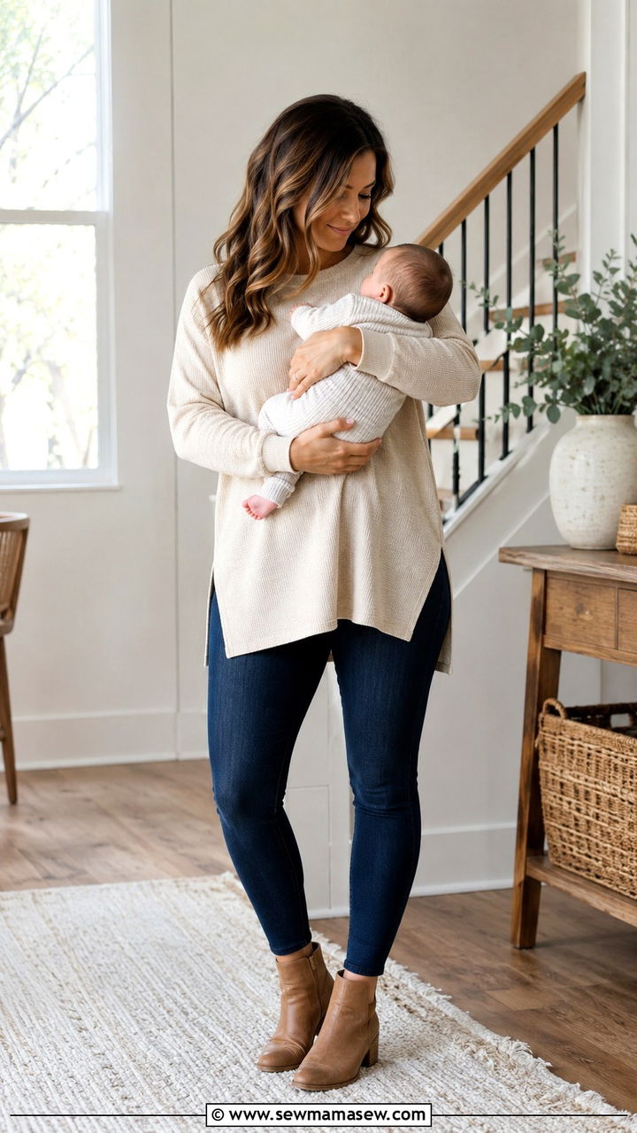 High Waisted Jeggings with a Longline Knit Top - 20 Postpartum outfit ideas week 1