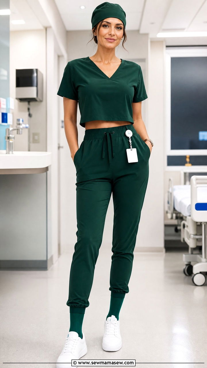 High Waisted Jogger Scrub Set With Cropped Top And Sneakers - 25 Icu nurse outfit ideas