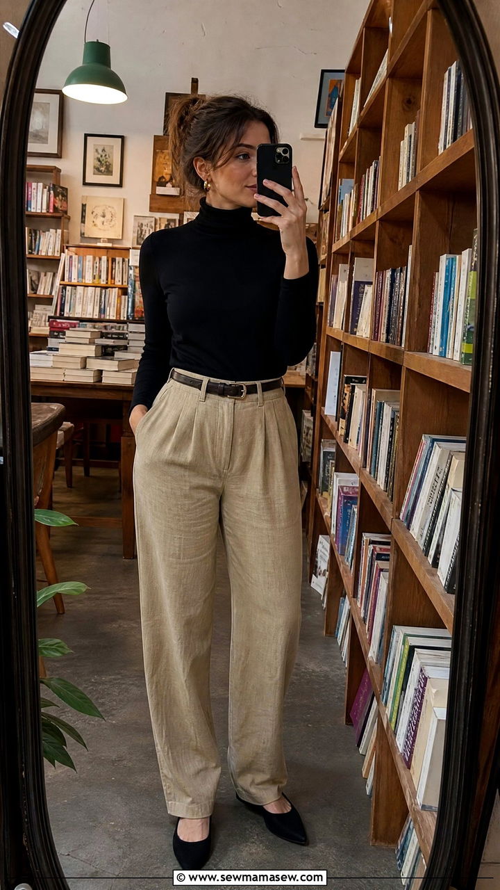 High Waisted Khaki Linen Pants With Black Turtleneck And Gold Hoops - 35 linen pants outfits