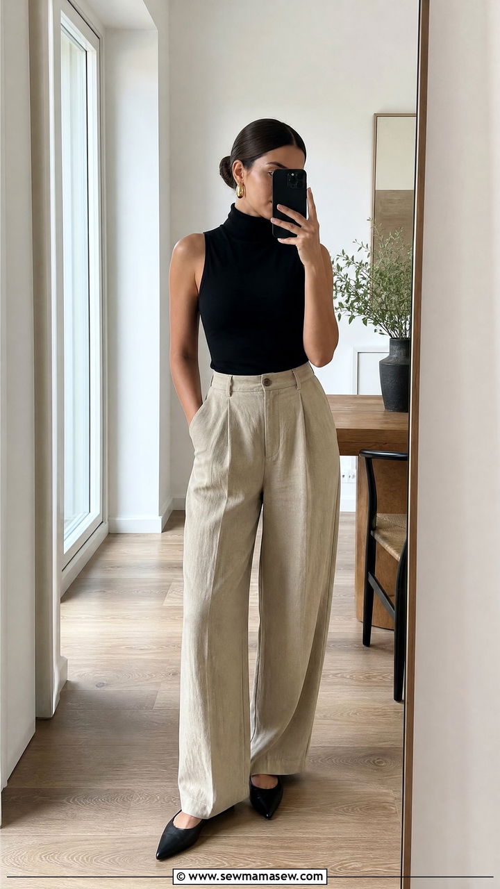 High Waisted Khaki Linen Pants with a Slim Black Turtleneck and Gold Hoops - 25 Brunch outfit ideas with linen pants