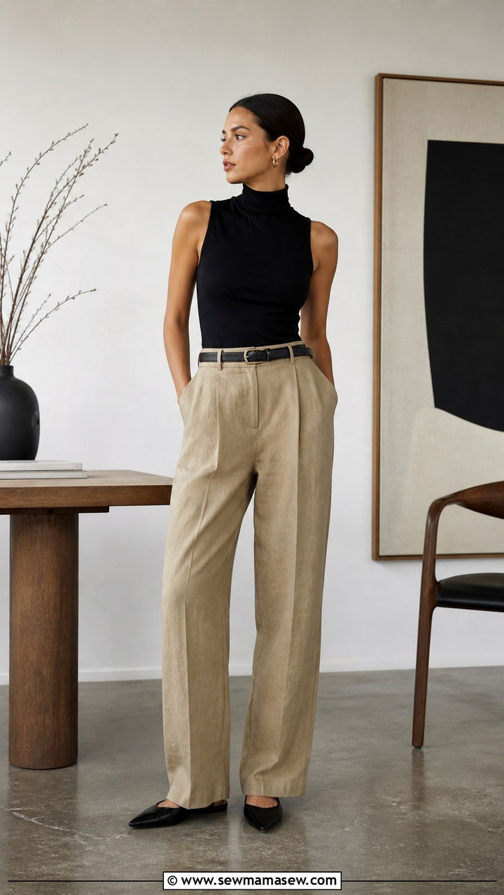 High Waisted Khaki Linen Pants with a Slim Black Turtleneck and Gold Hoops - 40 linen pants outfit ideas for women