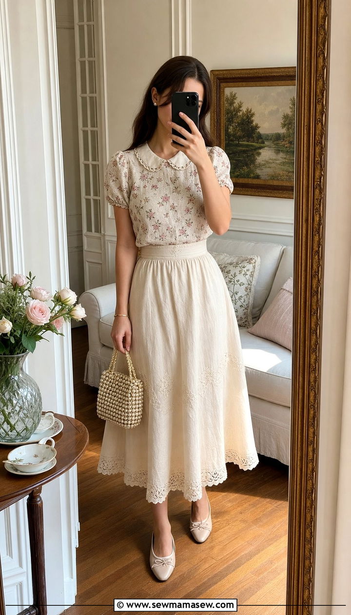 High Waisted Lace Trim Skirt with Tucked Blouse - 25 cottagecore capsule wardrobe outfits