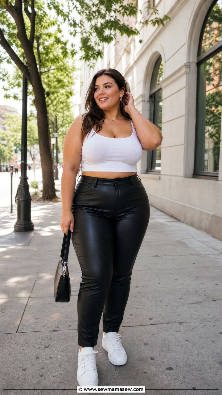 High Waisted Leather Pants With Crop Top and Sneakers - 25 Leather pants outfit ideas plus size