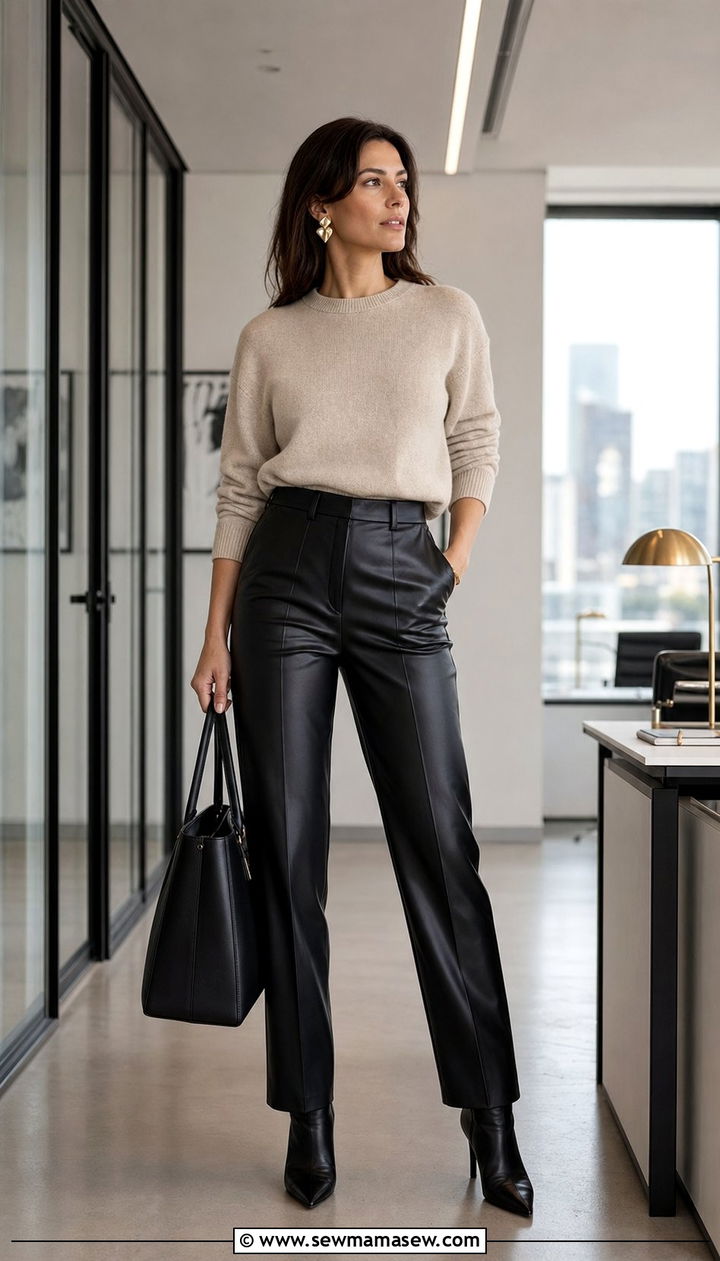 High Waisted Leather Trousers With A Cashmere Sweater - 25 classy outfits for long torso women