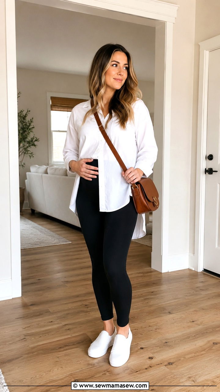 High Waisted Leggings And Oversized Button Down Outfit - 20 Postpartum outfit ideas week 6