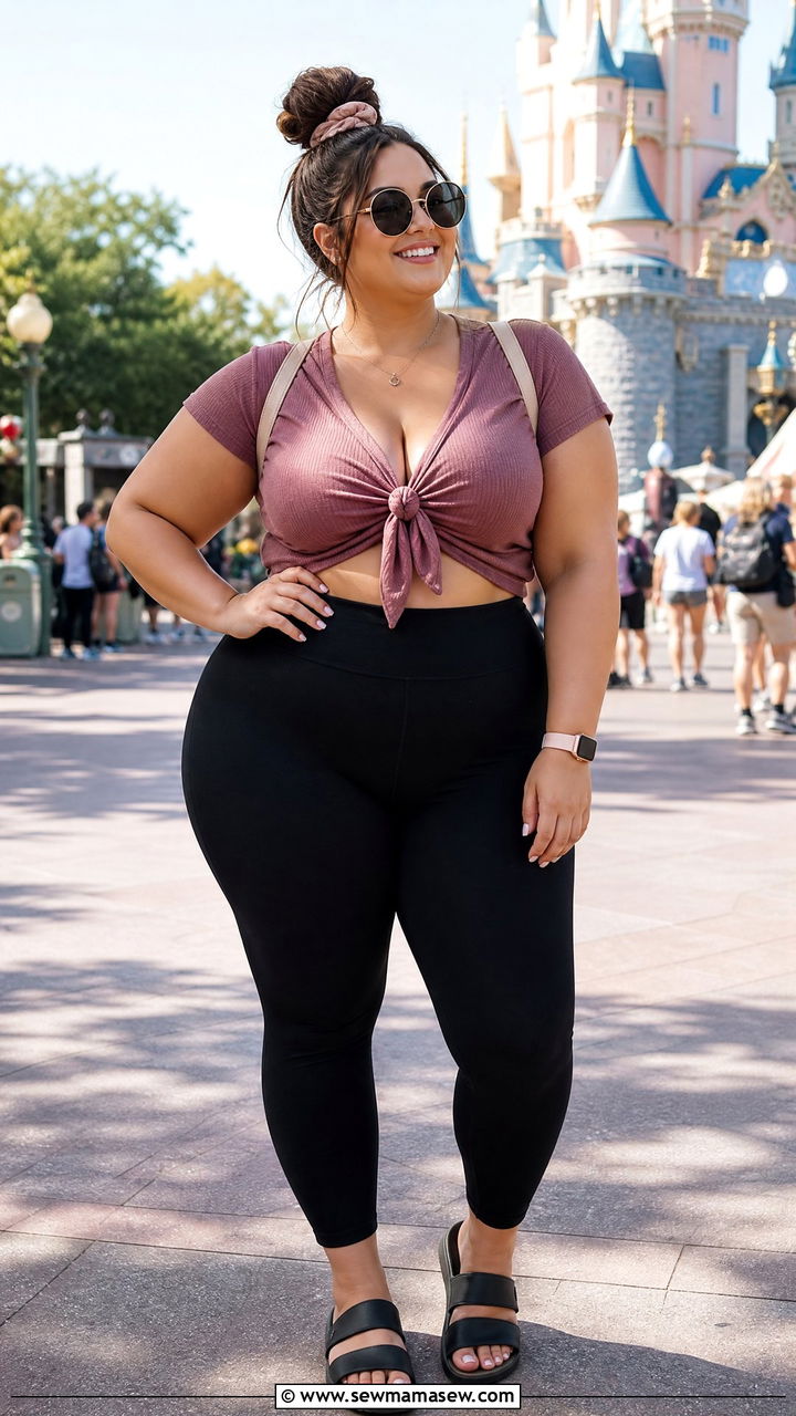 High Waisted Leggings Tie Front Top and Slide Sandals - 30 Plus size theme park outfit ideas