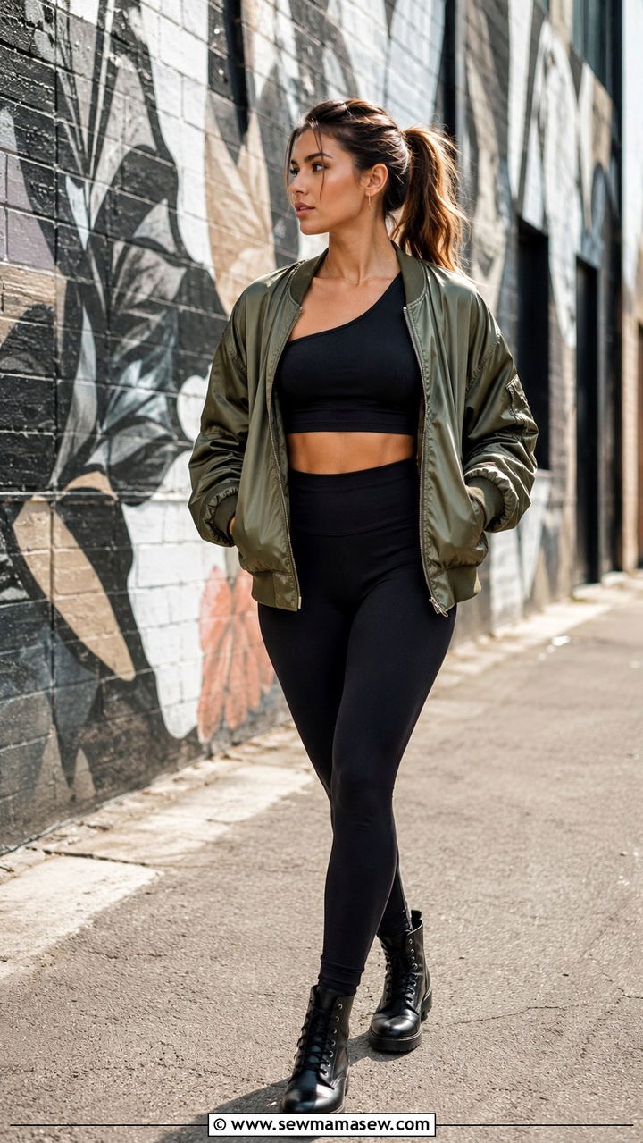 High Waisted Leggings and Bomber Jacket Outfit - 25 Yoga outfit ideas with high waisted leggings