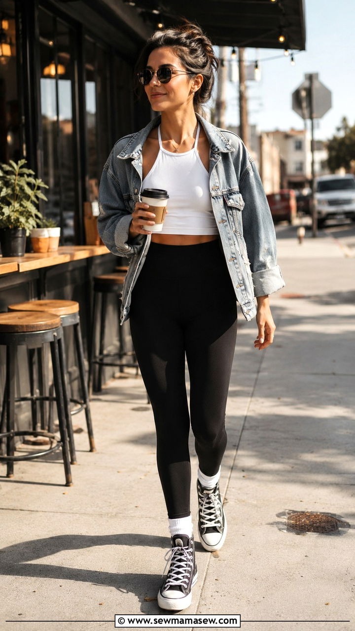 High Waisted Leggings and Denim Jacket Outfit - 25 Yoga outfit ideas with high waisted leggings