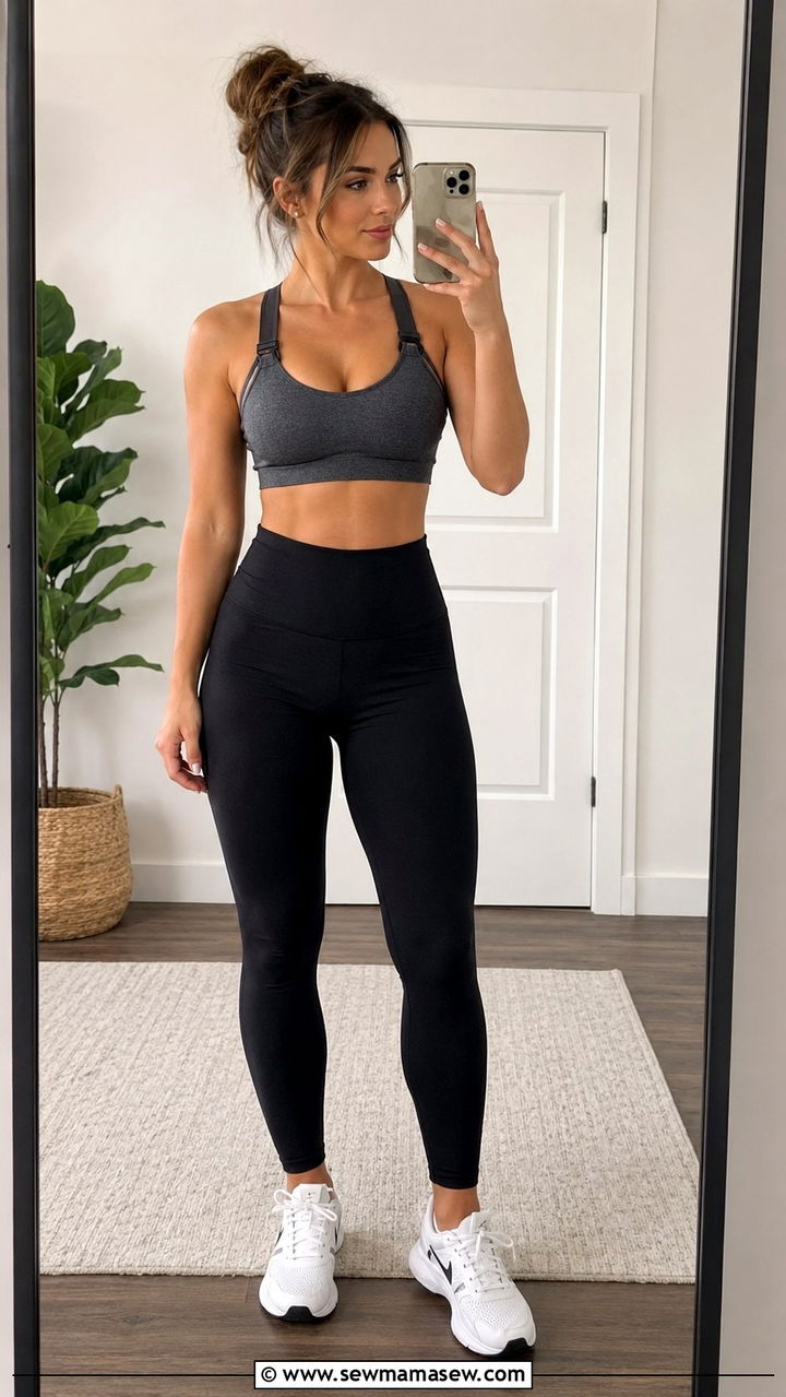 High Waisted Leggings and Nursing Sports Bra Outfit - 25 Postpartum workout outfit ideas