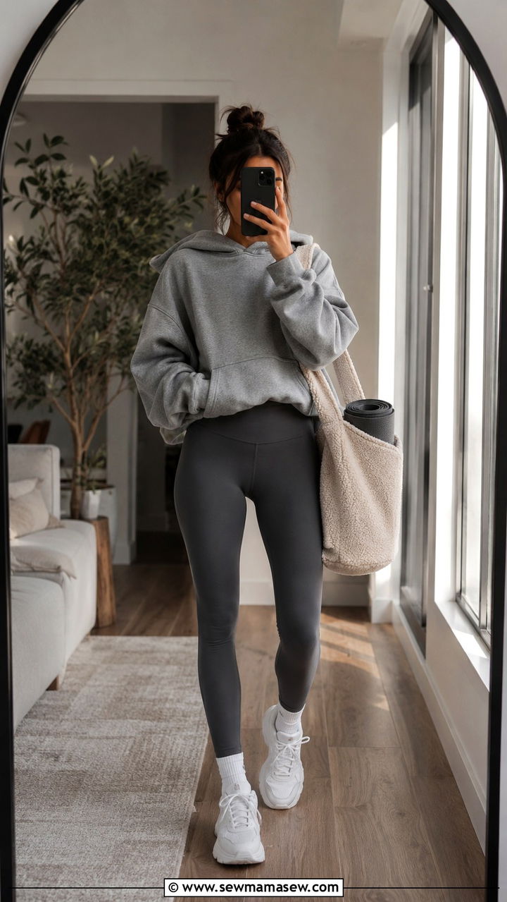 High Waisted Leggings and Oversized Hoodie Yoga Outfit - 25 Yoga outfit ideas with high waisted leggings