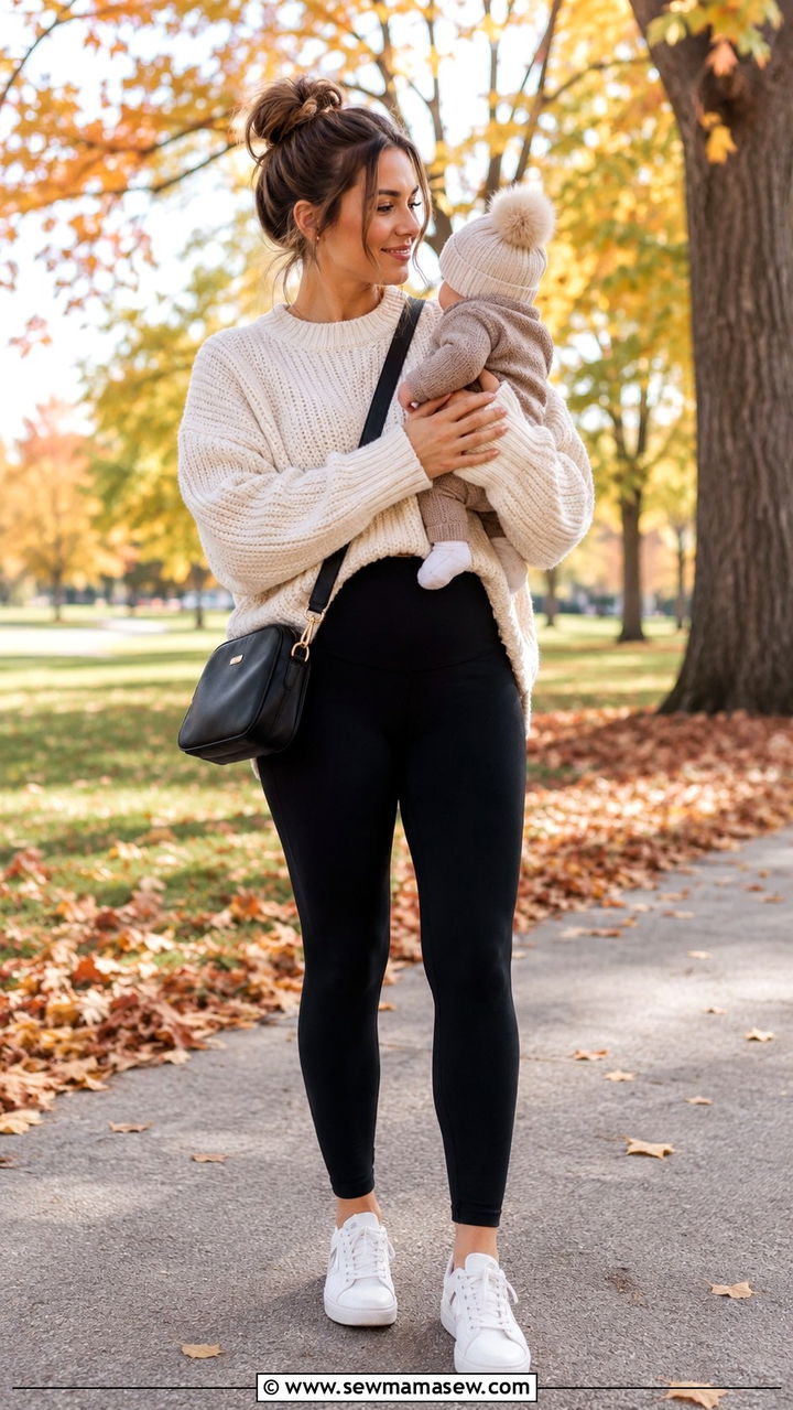 High Waisted Leggings and Oversized Sweater Postpartum - 25 Postpartum outfit ideas that fit new body