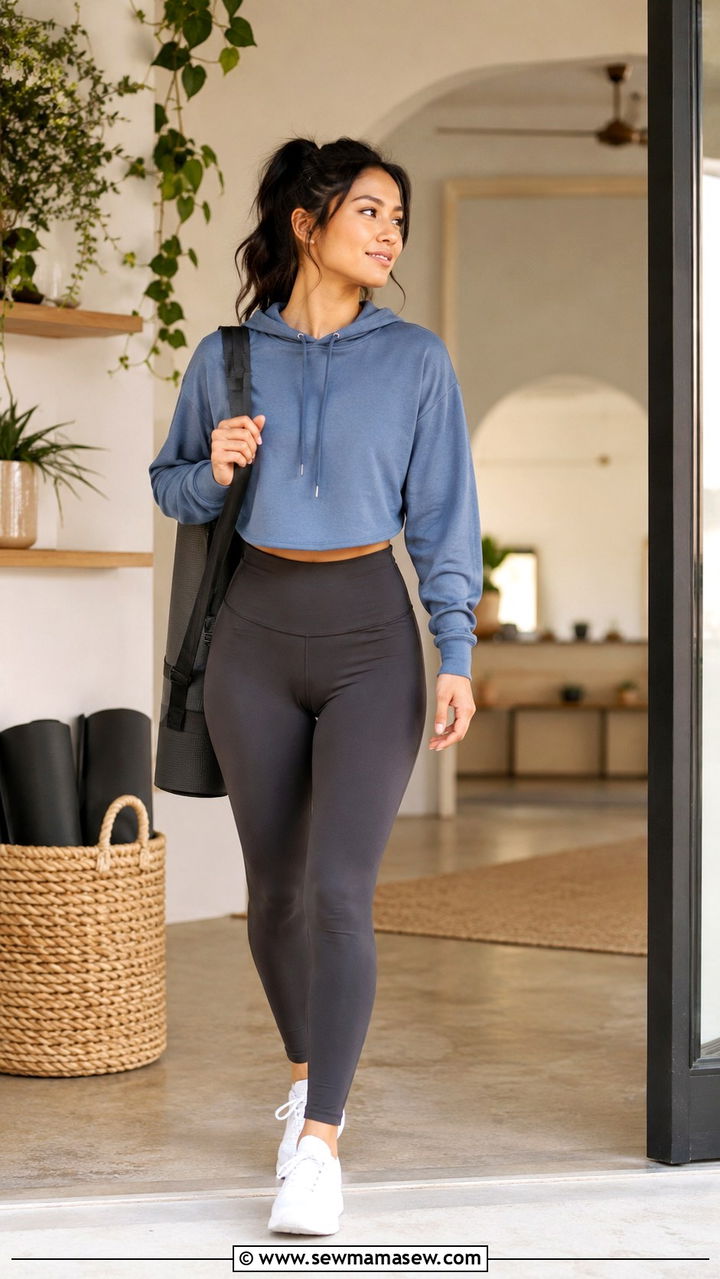 High Waisted Leggings and a Cropped Hoodie Petite Yoga Outfit - 25 Yoga outfit ideas petite